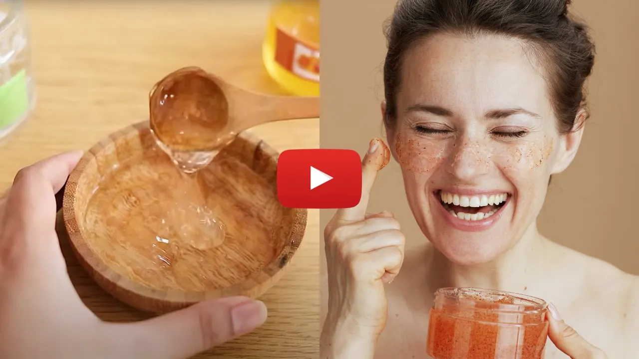 A gelatin preparation beside a smiling woman